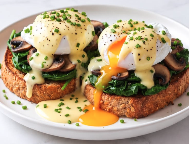 Poached eggs with spinach, mushrooms and hollandaise on toast